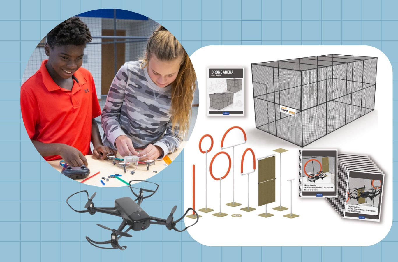 Boy and girl working to assemble a drone with the drone course curriculum featured