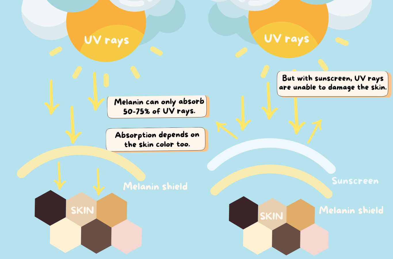 Graphic explaining how melanin and sunscreen work together to help protect your skin.