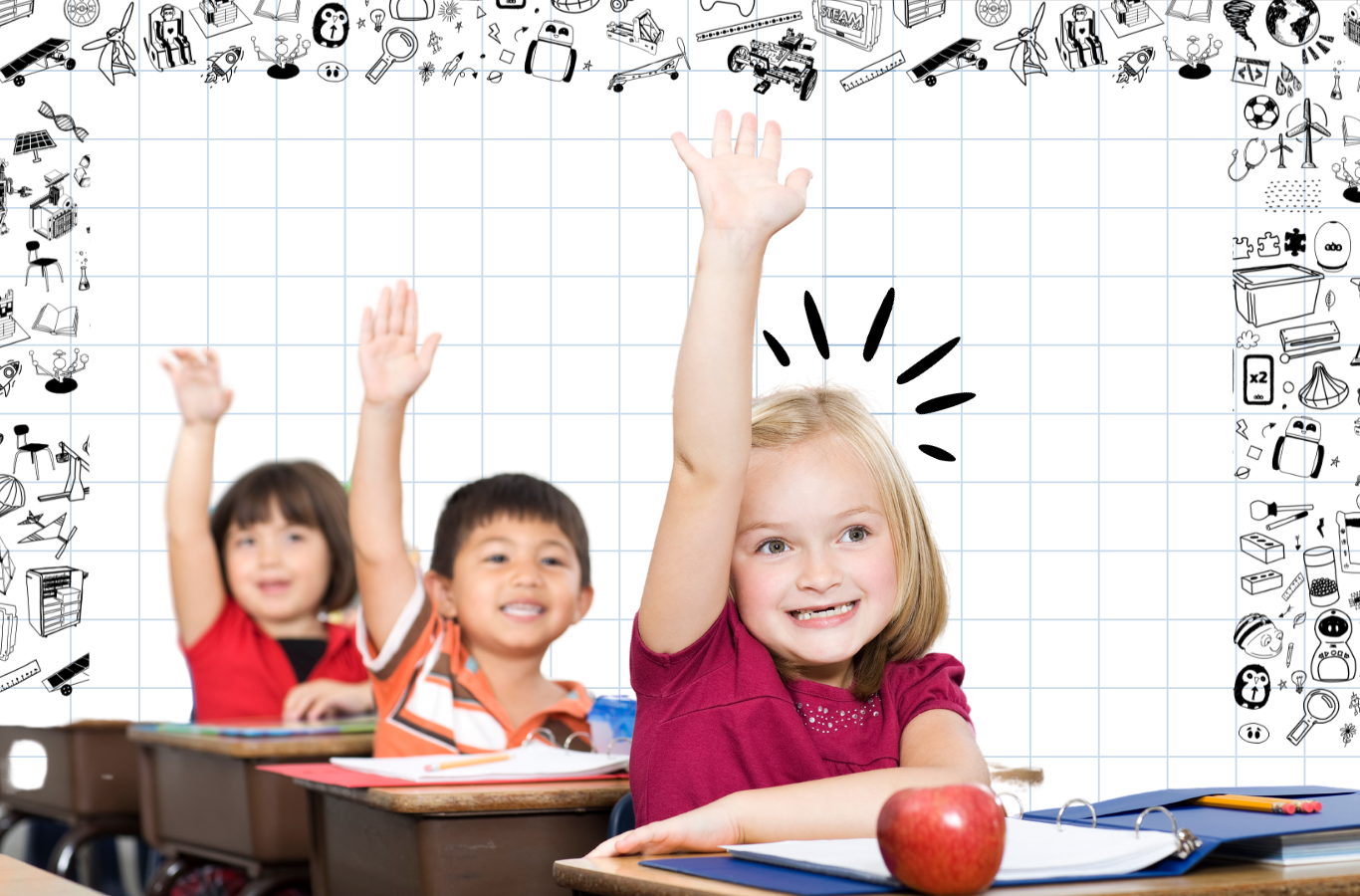 Three kids in a classroom raising their hands